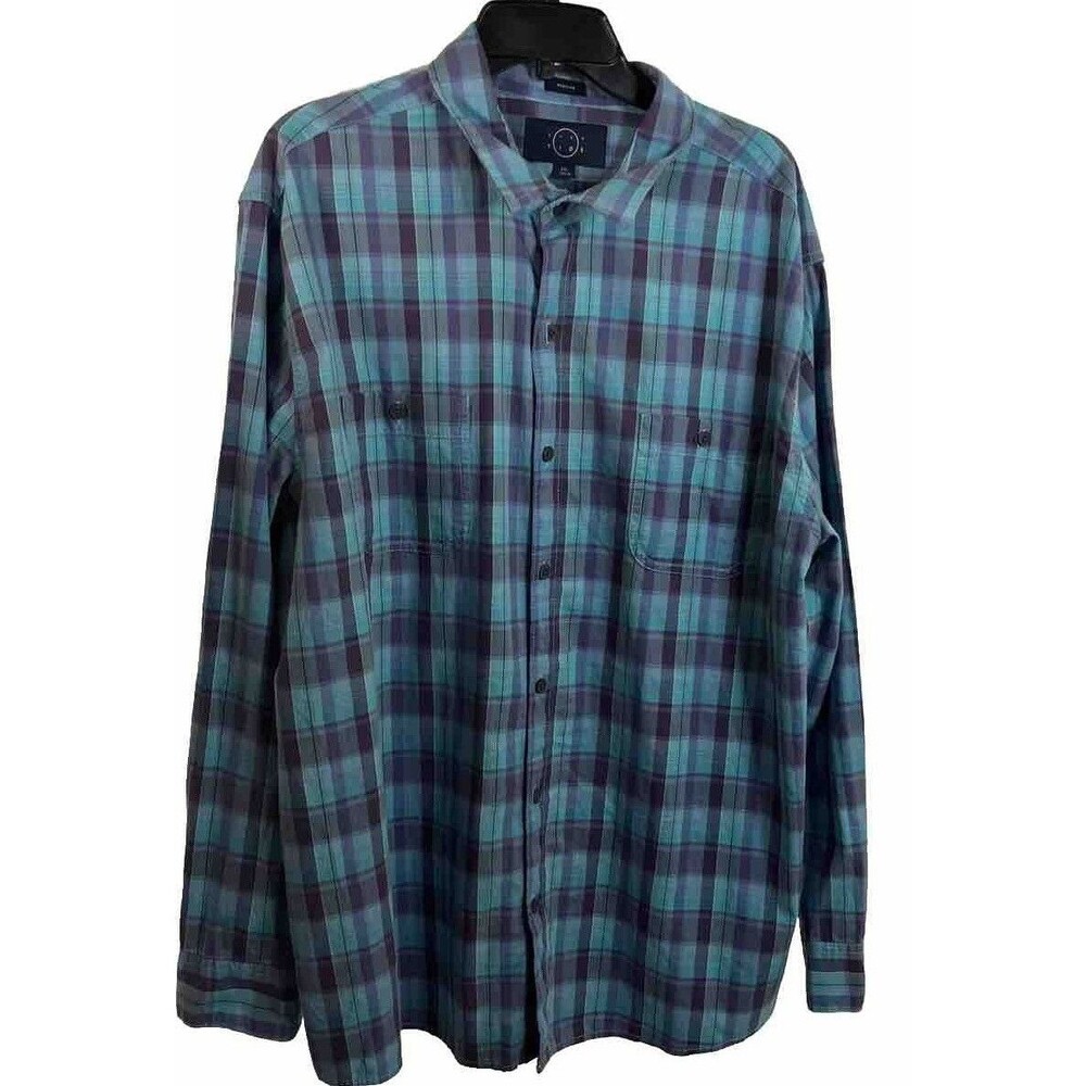 Even Tide Men’s Blue Plaid Shirt  Button Down Size 2XL Casual Pockets